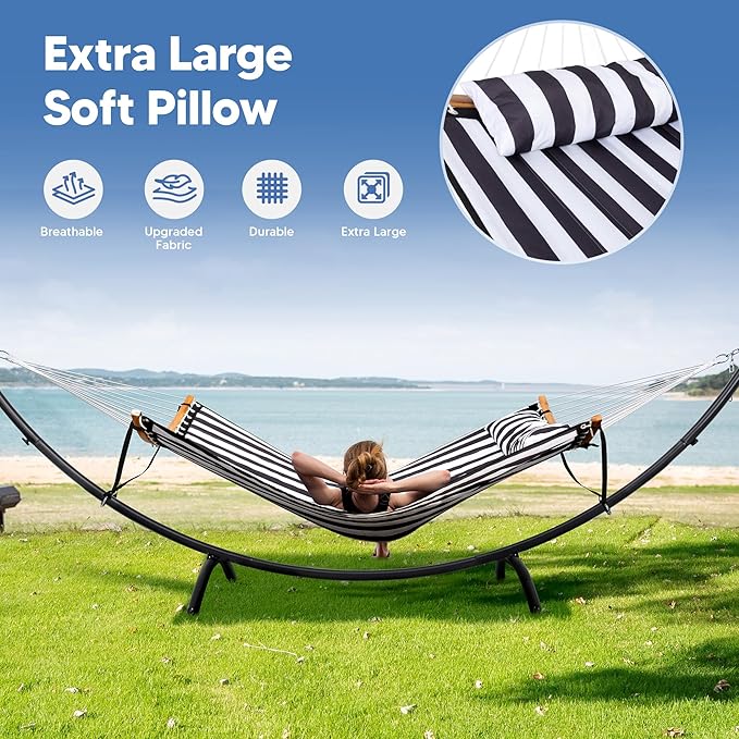SUNCREAT Hammocks for Outside with Stand Porch Hammock and Stand 475 lbs Capacity Patent Pending Black &amp White