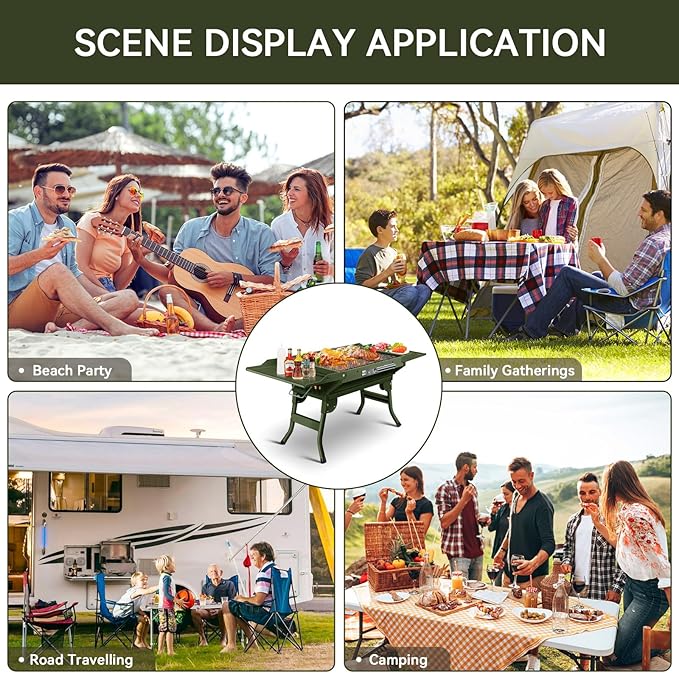 Portable Charcoal Grill Foldable Grills BBQ Grill Charcoal Small Grill for Travel Camping Outdoor Cooking Backyard Hiking Patio Garden Picnics Green