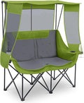 Teenyyou Double Camping Chair with Canopy Shade 660lbs Heavy Duty Beach Chair Portable Folding 2 Person Camping Loveseat with Cup Holder and Storage Bag for Lawn Beach Outdoor Sport(Geen and Grey)