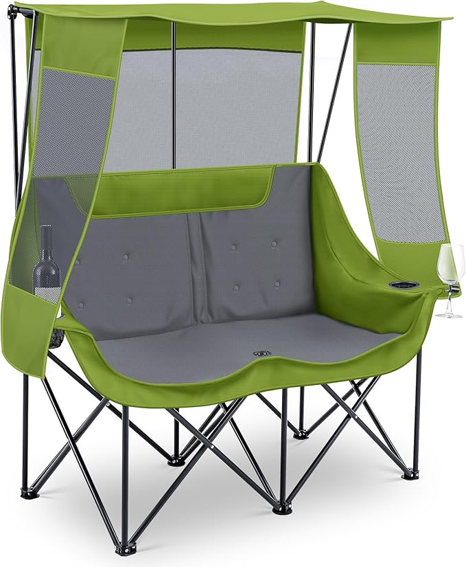 Teenyyou Double Camping Chair with Canopy Shade 660lbs Heavy Duty Beach Chair Portable Folding 2 Person Camping Loveseat with Cup Holder and Storage Bag for Lawn Beach Outdoor Sport(Geen and Grey)