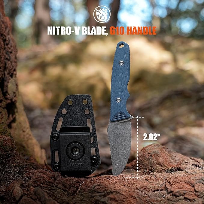 Vosteed H-Back EDC Fixed Blade Knife - 2.92 Nitro-V Blade with Sheath Stonewash - Blue G10 Handle with S.O.A.R. Clip for Hunting Survival Knives - D0405