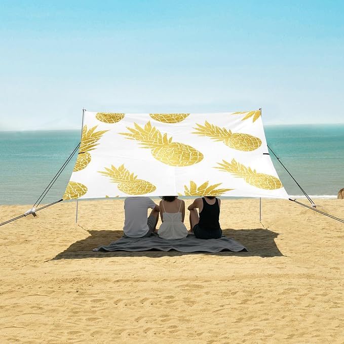 Beach Canopy with Windproof Ropes &amp Sandbags Beach Tent Sun Shade Sun Shelter for Camping Trips Fishing Backyard Fun or Picnics Pineapple