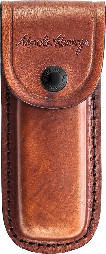 Uncle Henry LB7 Bear Paw Traditional Lockback Pocket Knife with 3.7in Clip Point High Carbon S.S. Blade Wood Handle Brass Bolsters and Leather Belt Sheath for EDC Hunting Camping and Outdoors