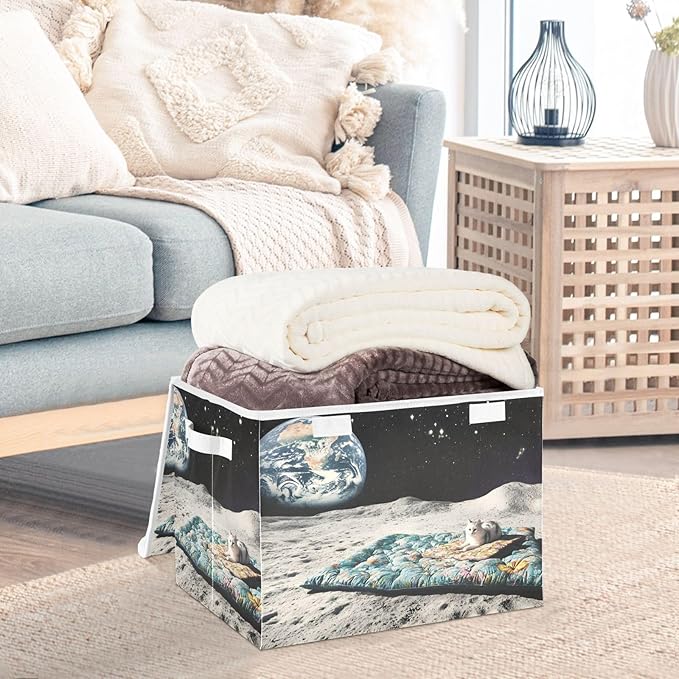 Storage Cube with Lid Cat on The Moon Print 16.5×12.6×11.8 IN Collapsible Large Capacity Foldable Storage Basket Bin Organizer