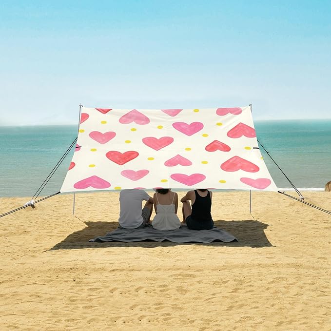 Beach Canopy with Windproof Ropes &amp Sandbags Beach Tent Sun Shade Sun Shelter for Camping Trips Fishing Backyard Fun or Picnics Heart
