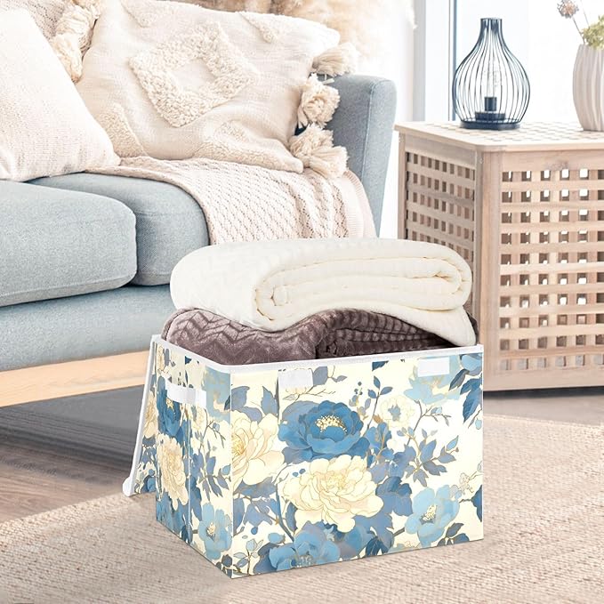 Blue White Peony Lidded Storage Bins with Handles - 16.5x12.6x11.8 Foldable Organizing Box Oxford Fabric &amp Honeycomb Board Dust-Proof Flip Lid for Closet/Office