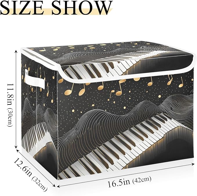 Foldable Storage Bin Basket with Lid - Piano Keys Gold Music Notes Large Collapsible Storage Box Organizer for Home Office &amp Books Clothes Storage 16.5x12.6x11.8