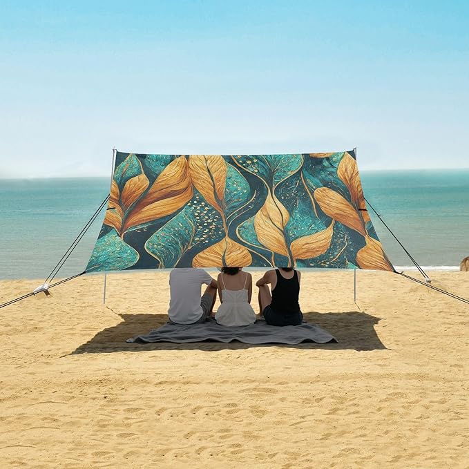 Vibrant Leaf Aqua Golden Beach Tent Sun Shelter Set UPF50+ UV Protection 10.5 x 9.19 FT Camping Shade Canopy with Sandbags Sand Anchors Carrying Bag and Others