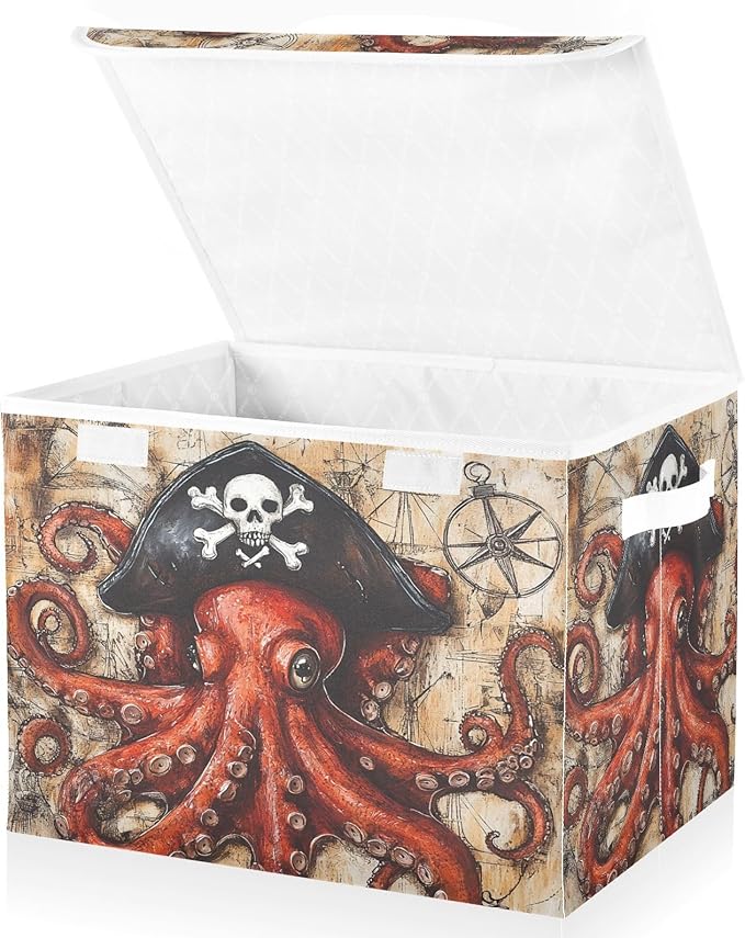 Octopus Pirate and Compass Collapsible Storage Bins with Lids Decorative Fabric Cubes Closet Organizer Basket Boxes Containers for Clothes Box Chest Folding Rectangle