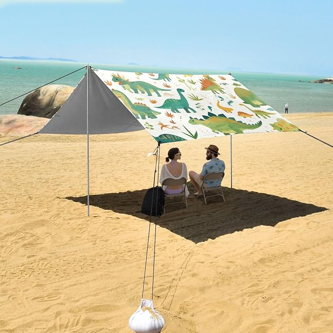 Set Cartoon Watercolor Dinosaurs Beach Cabana Tent UPF50 Easy Setup Large Sun Shelter with Sand Shovel for Camping Trips Fishing Backyard Fun or Picnics