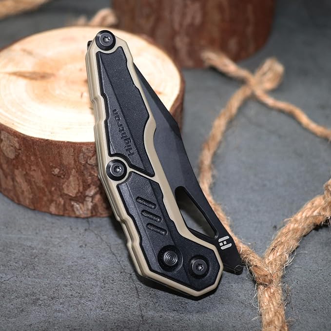Hightron SPECTRON M390 Fidget Pocket Knife military survival folding front flipper 3.05 Blade with Black&ampKhaki Nylon Fiber Handle EDC gift