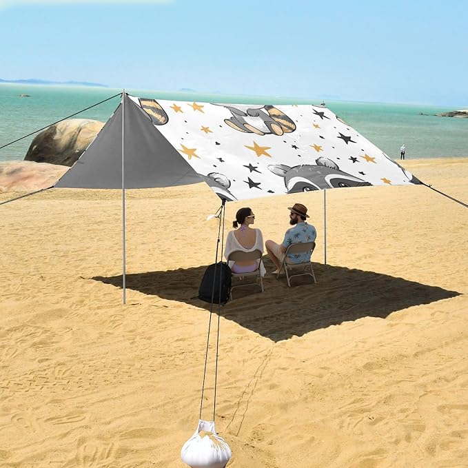 ALAZA Cute Cartoon Raccoons Stars Beach Tent Sun Shelter Portable Canopy Sunshade for Outdoor Camping Picnics Backyard Fun 10x9 ft