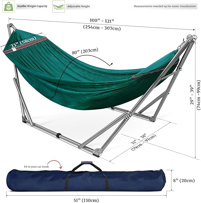 Tranquillo Adjustable Collapsible Hammock with Stand – Picnic Hammock Stand and 2 Layered Polyester Hammock Net for 2 Persons with Carry Bag Peacock