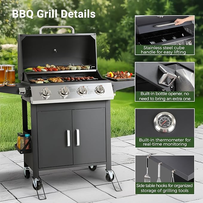 HUGROVE 4 Burner Propane Gas BBQ Grill with Wheels 40000 BTU Output Stainless Steel Barbecue Grill for Backyard &amp Outdoor Cooking Easy to Assemble Foldable Side Tables &amp Spice Rack (Black)