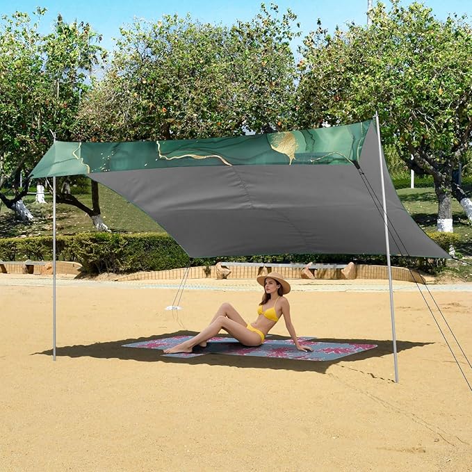 ALAZA Green Marble W/Gold Line Beach Tent Sun Shelter UPF50+ Protection Beach Shade Canopy w/ 4 Sandbags for Outdoor Camping Fishing Backyard Fun Picnic 10x9 ft