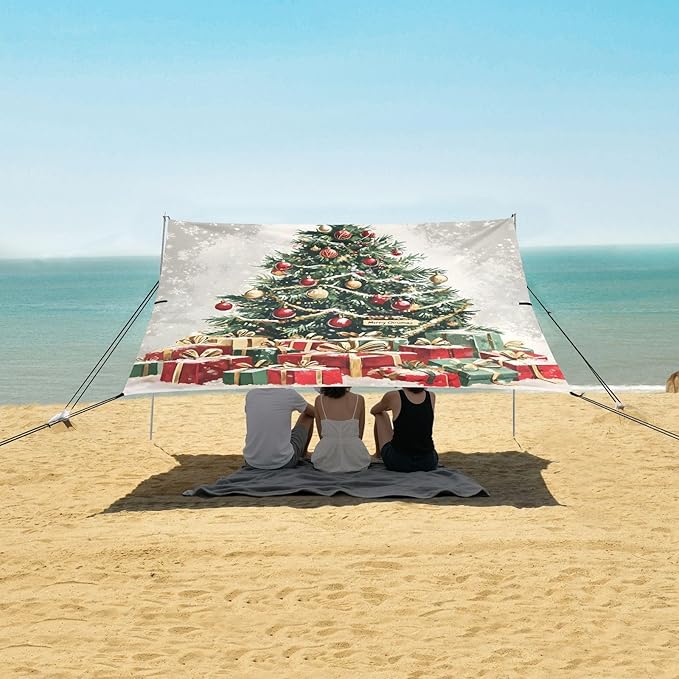 ALAZA Oil Painting Christmas Tree Beach Tent Sun Shelter Portable Canopy Sunshade for Outdoor Camping Picnics Backyard Fun 10x9 ft