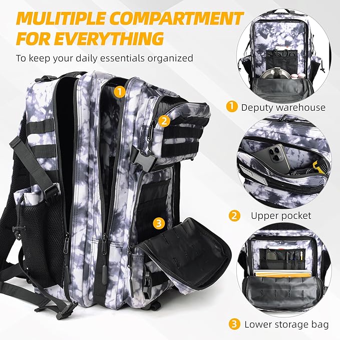 LUPU TACTICAL 45L Backpack for Men and Women 3 Days Assault Pack Outdoor Travel Hiking Camping Rucksack with Molle Webbing (Black and White)