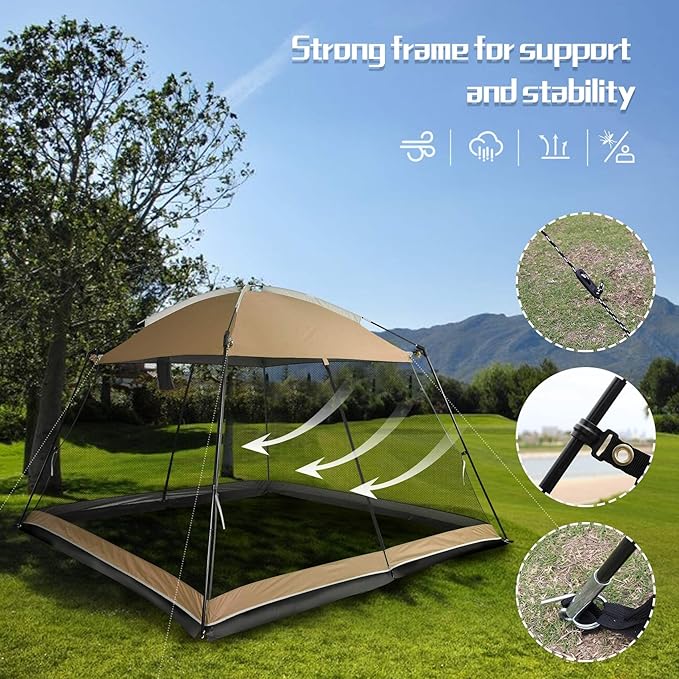 Screen House 10x10 Ft Square Camping Canopy Tent Sun Shade Gazebo Shelter Perfect for Outdoor Activities Khaki