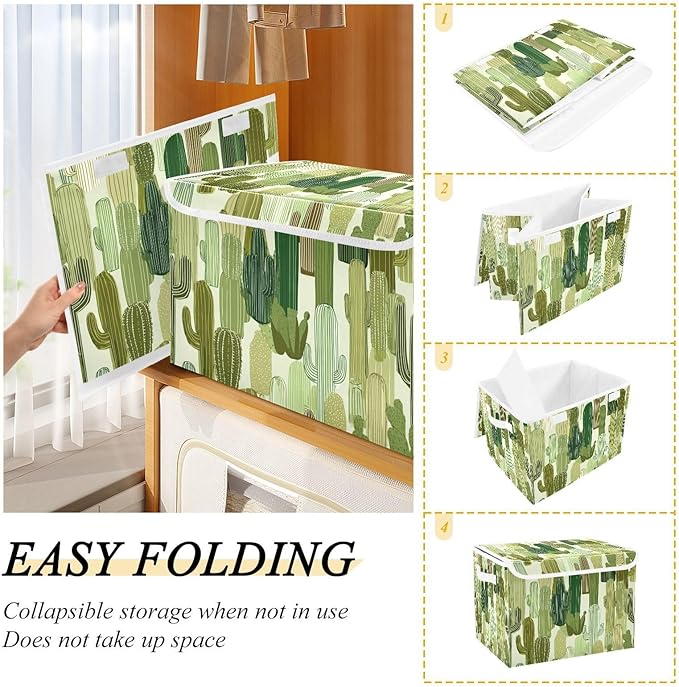 Storage Bins with Lids Storage Containers Box Organizer Bin Basket with Handles for Closet Shelves Clothes Stackable Foldable Decorative Green Line Cacti