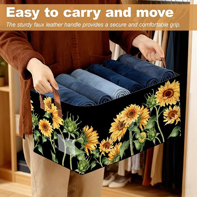 Storage Bin with Handles Sunflowers Collapsible Laundry Baskets for Books Laundry - Use in Nursery Closet Organizers and Storage Blanket Basket