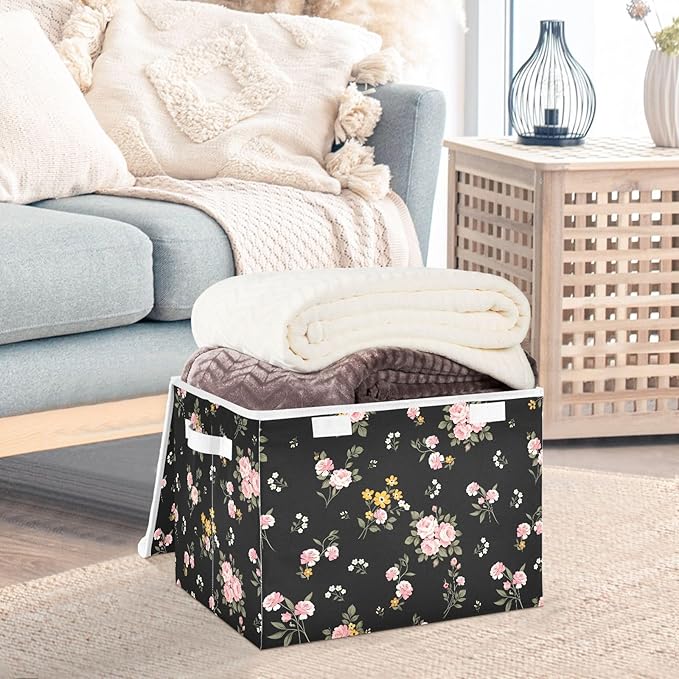 senya Flower Baskets Collapsible Storage Bins with Lids Purple Green Rose Flower Storage Boxes Clothes Baskets for Organizing