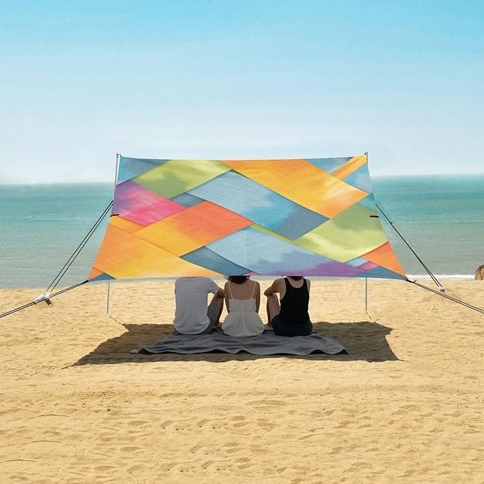 Gray Tie-dye Background Rainbow Colors Beach Tent &amp Canopy UPF50+ Protection Lightweight Sun Shelter with Sandbags Sand Shovel Poles for Family Trips Picnics &amp Camping