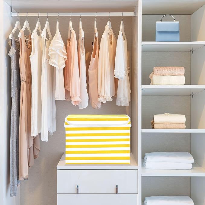 Bright Yellow and White Stripes Collapsible Storage Bins with Lids Decorative Fabric Cubes Closet Organizer Basket Boxes Containers for Clothes Box Chest Folding Rectangle