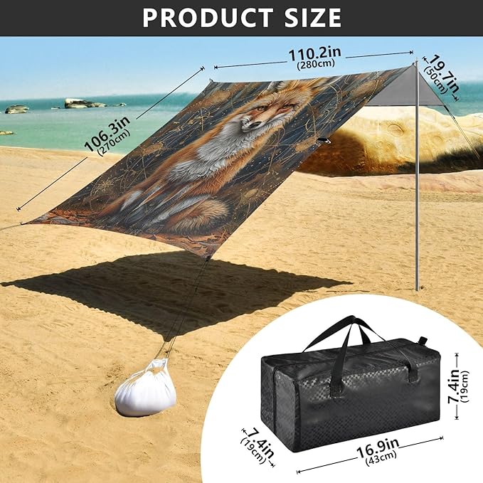 ALAZA Mystical Fox Forest Beach Tent Sun Shelter Portable Canopy Sunshade for Outdoor Camping Picnics Backyard Fun 10x9 ft