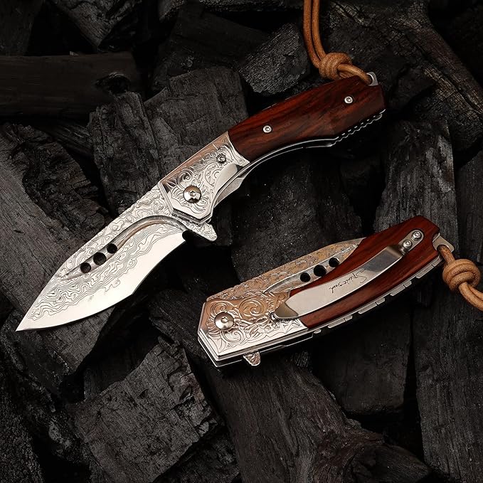 Handmade Japanese Damascus Steel Pocket Folding Knife with Leather Cover and Pocket Clip 2.87-inch Outdoor Camping Fishing Portable Pocket Knife
