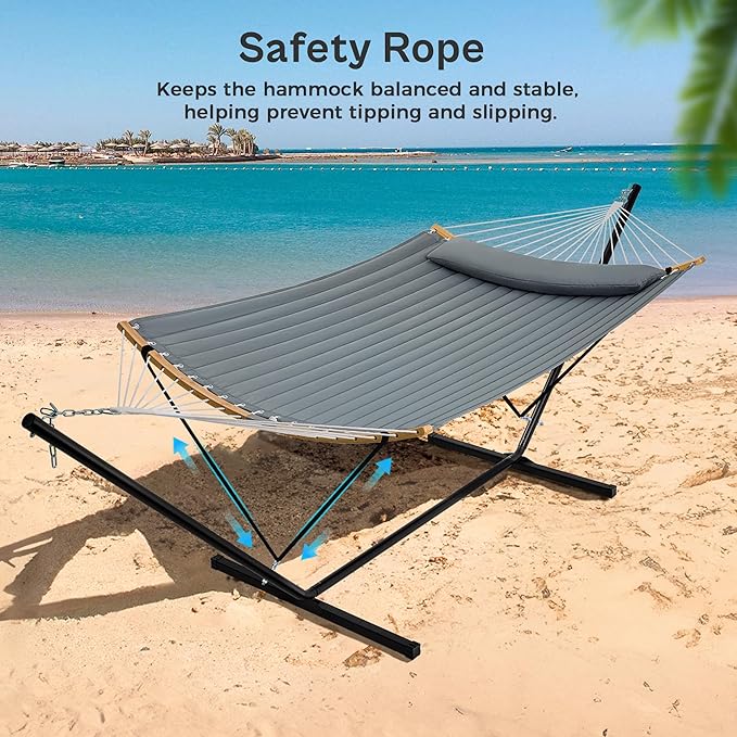 SUPERJARE Hammock with Stand 2 Person Heavy Duty Hammock with Padded Cotton Detachable Pillow &amp Strong Curved-Bar &amp Portable Carrying Bag Perfect for Outdoor &amp Indoor Neutral Gray