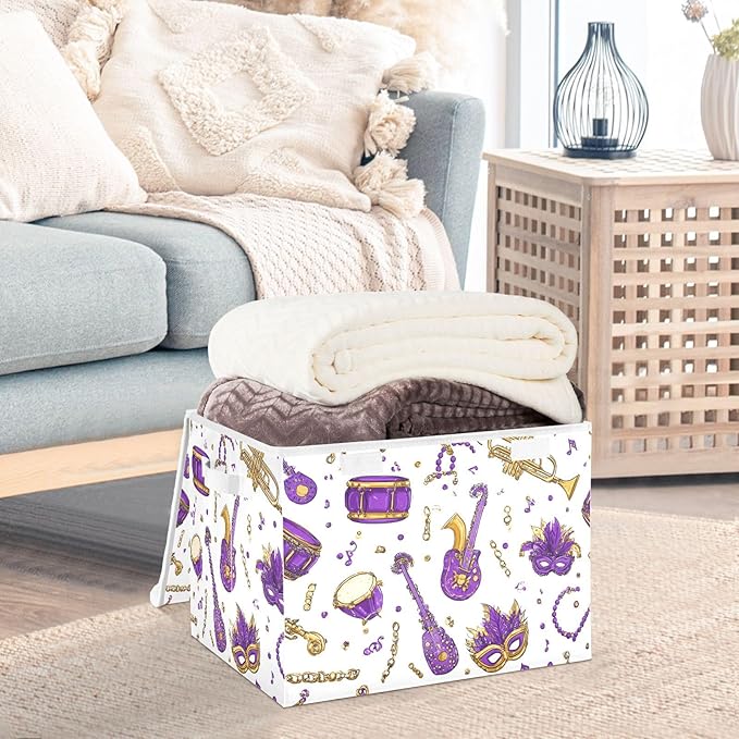 Purple Mask Instrument Shrove Tuesday Storage Box with Lid 1 PC Foldable Storage Bin with Lids Stackable Storage Bins Cube Closet Organizer Basket with Flip-Top Lid &amp Handles for Shoes Book