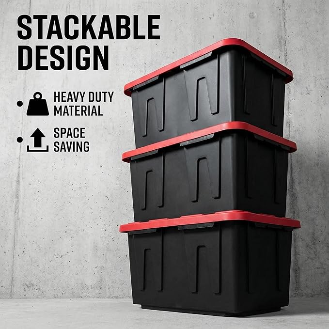 27 Gal Industrial TotePack of 2 red Plastic storage bins with lids for Garage Basement or OutdoorHeavy Duty storage TotesBlack with Red LidStackable &amp Nestable