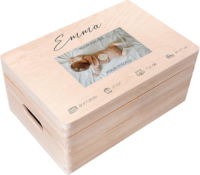 Creative Deco Personalized Wooden Storage Box Baby Memory Box | 11.8x7.87x5.51in (+-0.5) | Photo &amp Text | Lid Handles Engraving | Birth &amp Baptism | Gift Box | Rough UNSANDED Keepsake Souvenir