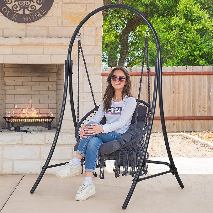 ANOW Hanging Swing Chair with Stand Included Heavy Duty Hammock Chair with Stand and Removable Padded Cushion Max 400 Lbs Dark Grey