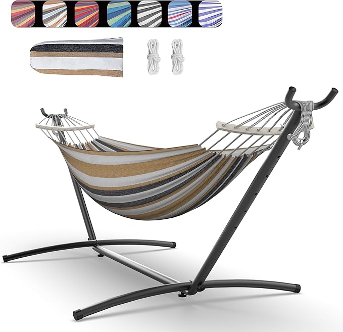 Everyfun Double Hammock with Space-Saving Steel Stand 2 Person Heavy-Duty Hammock for Garden Yard or Outdoor 600lbs Capacity Coffee