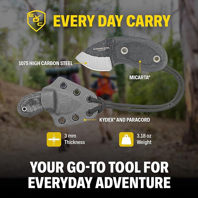 Condor Tool &amp Knife Tortuga Neck Knife | 1075 High Carbon Steel Belt Knife with a Micarta Handle | Fixed Blade Knife Necklace with a Kydex and Paracord Sheath | 1.43in Blade | 3.18oz