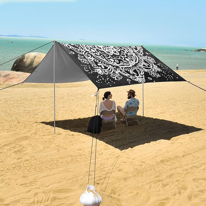 ALAZA White Graffiti Mandala Beach Tent Sun Shelter UPF50+ Protection Beach Shade Canopy w/ 4 Sandbags for Outdoor Camping Fishing Backyard Fun Picnic 10x9 ft
