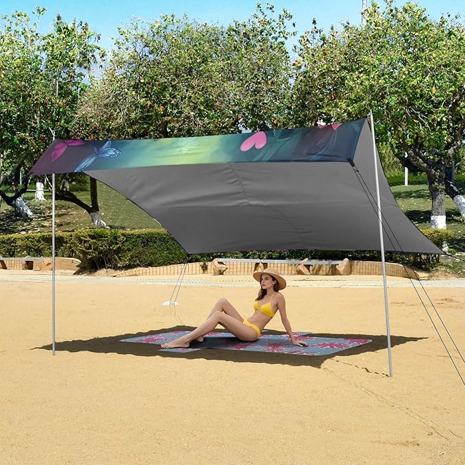 ALAZA Turtle Butterfly Beach Tent Sun Shelter UPF50+ Protection Beach Shade Canopy w/ 4 Sandbags for Outdoor Camping Fishing Backyard Fun Picnic 10x9 ft