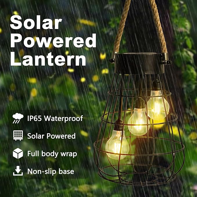 Solar Lantern 22.4 Outdoor Waterproof Solar Hanging Lights with Warm White LED Edison Bulb for Garden Patio Yard Large Lantern Black
