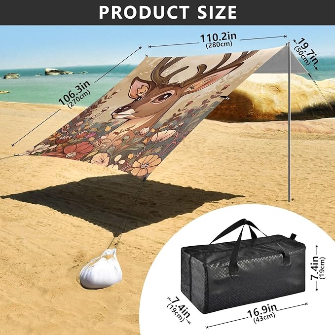 ALAZA Beautiful Deer with Awesome Flowers Cartoon -Seed 1713421452 Beach Tent Sun Shelter Portable Canopy Sunshade for Outdoor Camping Picnics Backyard Fun 10x9 ft
