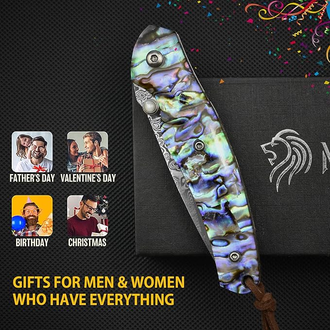 NedFoss Pocket Knife Damascus Pocket Knife with Abalone Shell Handle Handmade Forged Damascus Steel Folding Knife with Gift Box Excellent Gifts for Men Women (A-Polar Bear)