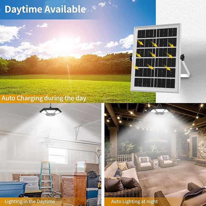 Aqonsie Solar Shed Light Indoor Outdoor 180LED Dual Head Solar Powered Pandent Daytime Work Lights with 5 Lighting Modes &amp 3 Timers Solar Indoor Lights Motion Sensor with Remote for Shed Barn Gar