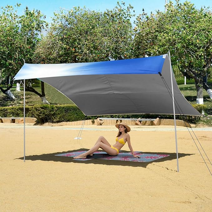 Beach Canopy with Windproof Ropes &amp Sandbags Beach Tent Sun Shade Sun Shelter for Camping Trips Fishing Backyard Fun or Picnics Beach
