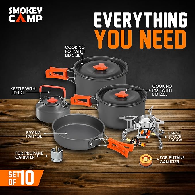 Smokey Camp Camping Cookware Mess Kit Set with Stove - Backpacking Camping Pots and Pans Set All in One Non-Stick Camping Cooking Set Portable Stove Hiking Picnic Outdoor &amp Camping Cookware S