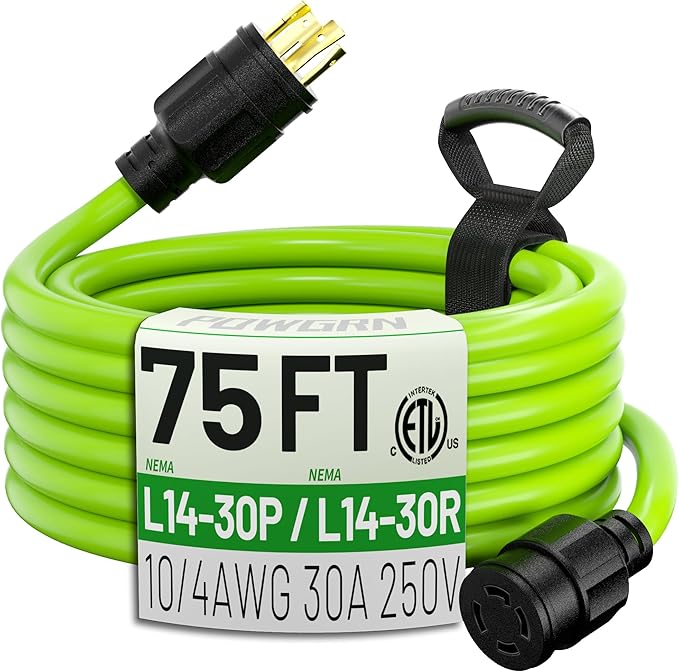POWGRN 75Feet 30 Amp Generator Extension Cord 4 ProngHeavy Duty NEMA L14-30P/L14-30R125/250V 7500WGreen 10 Gauge STW Twist Locking Generator to House Power Cords with Cord OrganizerETL Listed