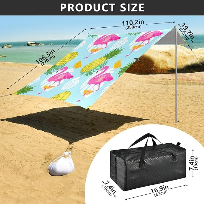 xigua Flamingos Beach Tent Sun Shelter with Carrying Bag - Silver Coated Oxford Fabric Beach Canopy for Beach Camping Fishing - Includes Windproof Ropes Sandbags &amp Stakes