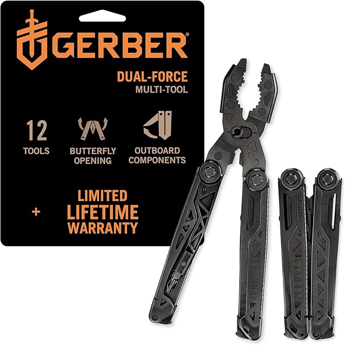 Gerber Gear Dual-Force Multitool - Heavy Duty Center Axis Driver Blunt Nose Pliers with Saw Wire Cutters Bit Storage and More - Black