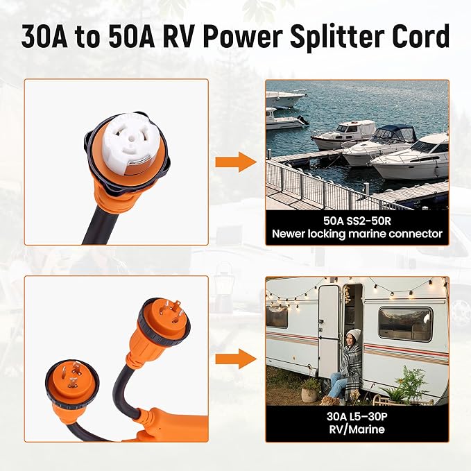 maXpeedingrods 2X L5-30P to SS2-50R Marine Shore Power Adapter Two 30Amp 125V Male Locking to 50Amp 125V Female Locking Adapter for RV Trailer or Boat