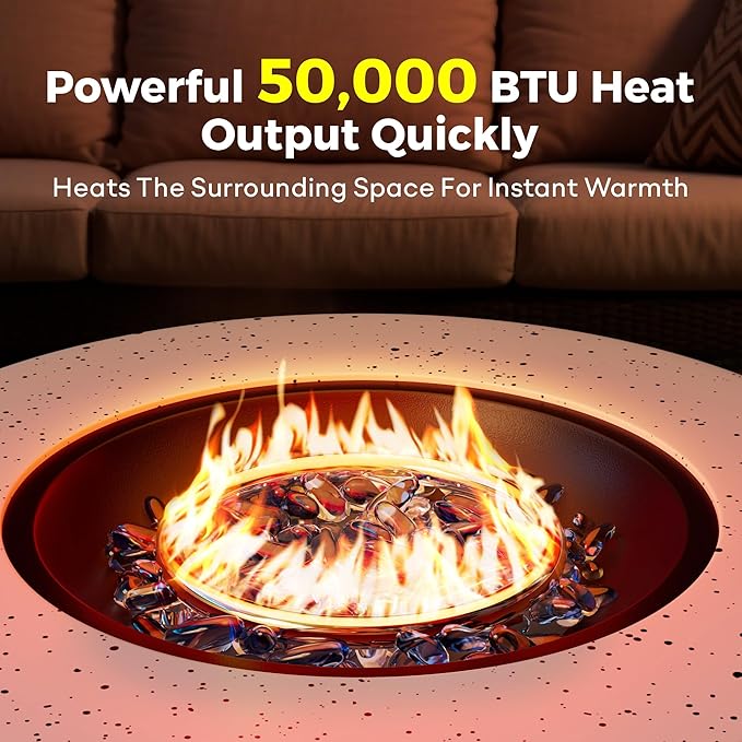 30' Outdoor Fire Pit Table with 50000 BTU Output Premium Gas Fire Pit Tables for Outside Patio Round Propane Fire Pit with Glass Stones Waterproof Cover (White 30 inch)