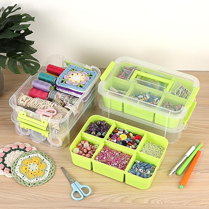 JUXYES 4-Tiers Stack Carry Storage Box With 2 Divided Tray Transparent Stackable Storage Bin With Handle Lid Latching Storage Container for School &amp Office Supplies Green